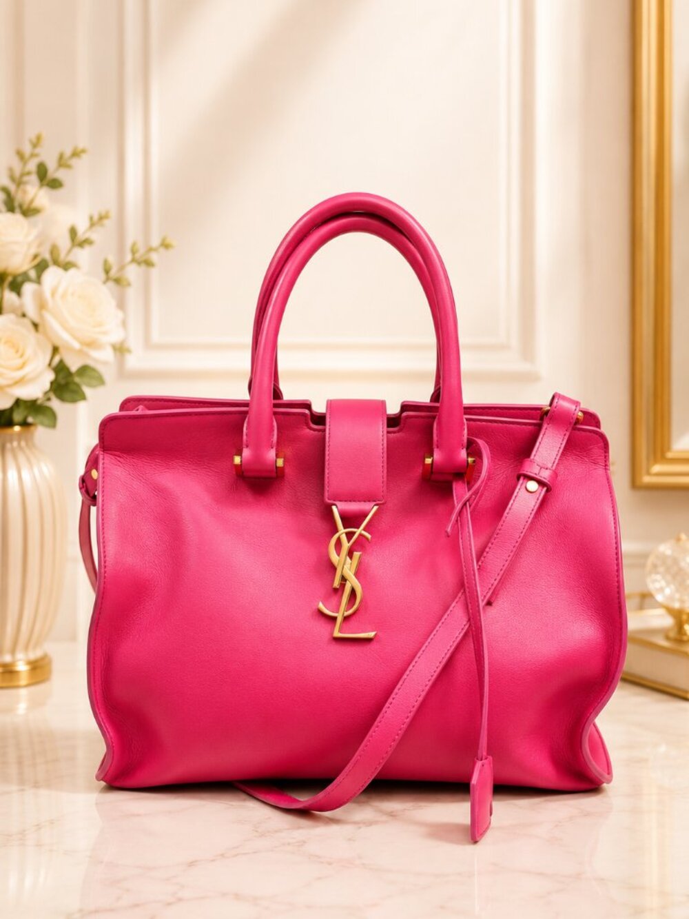 Authentic Saint Laurent YSL Cabas Chyc Pink Leather Tote Crossbody Bag - Picture 1 of 16
